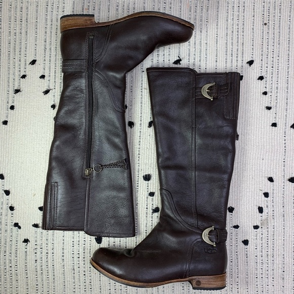 UGG Australia Amberlee Brown Leather Riding Boots - Picture 2 of 11